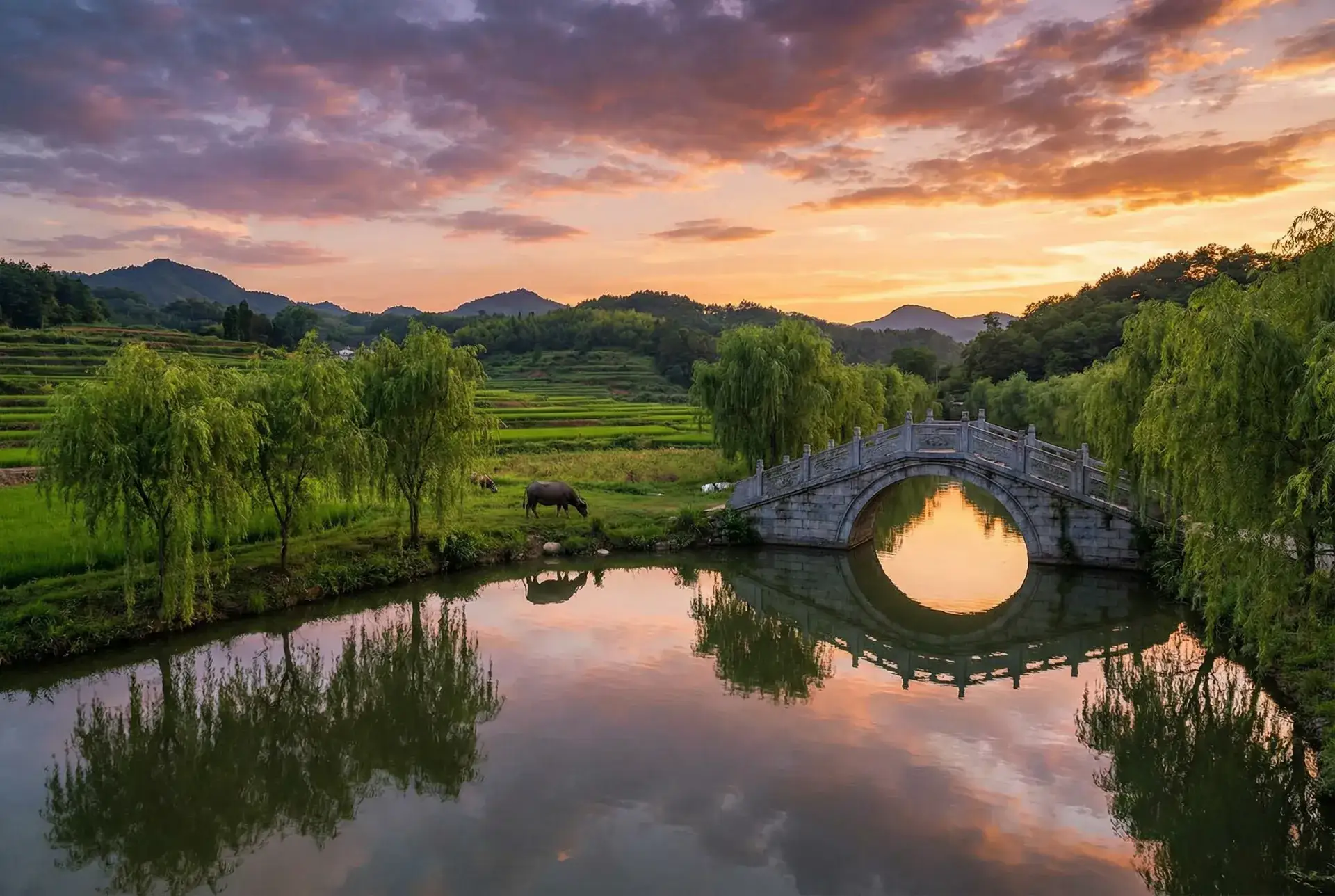 夕阳下的石拱桥与垂柳，水牛在河边吃草 - 离人心上电视剧免费 乡村美景
